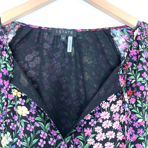 1.State Ditsy Patches Mixed Black Floral Blouse with Sheer Sleeves - Picture 5 of 6